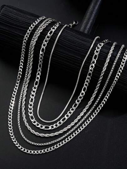 5pcs Stainless Steel Twisted Chain Necklace Set, Casual Style Suitable For Daily Wear, Parties, Dates - Highly Attractive Gift, Fast Shipping, Ideal For Halloween, Christmas, Valentine's Day - No Gift Box Included, Jewelry Set For Date Night, Minimalist Chain, Polished Finish