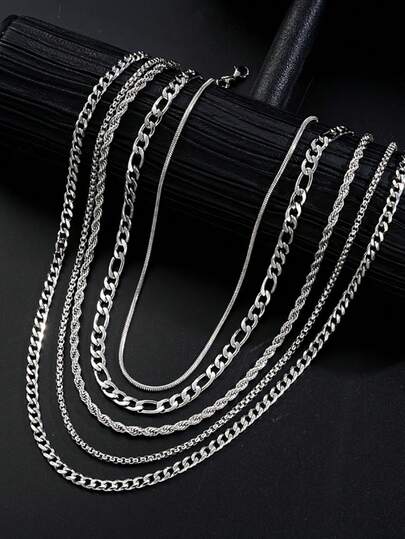 5pcs Stainless Steel Twisted Chain Necklace Set, Casual Style Suitable For Daily Wear, Parties, Dates - Highly Attractive Gift, Fast Shipping, Ideal For Halloween, Christmas, Valentine's Day - No Gift Box Included, Jewelry Set For Date Night, Minimalist Chain, Polished Finish