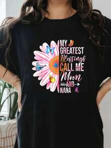 My Greatest Call Me Mom And Nana Happy Mother Day  Funny Print Women's T-Shirt, Round Crew Neck Soft Short Sleeve T-Shirt For Spring Summer, Fun Graphic Tops T-Shirts For Women Summer Tops - Black - View 1