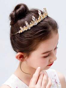 1pc Girls' 3D Crystal Crown Headband, Pageant/Performance/Birthday Hair Accessory - Gold - View 4