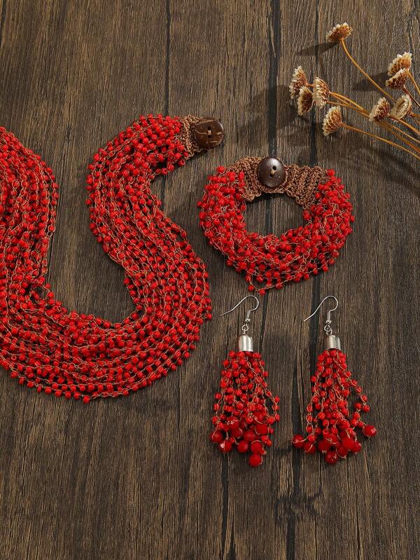 Handmade Crochet Beaded Jewelry Set, Bohemian Style Beaded Jewelry Set, Vintage Solid Red White Green Color Bracelet Necklace Earring 3 Pieces Set, Spring/Summer New Fashion Accessories, All-Season Versatile, Women Gift, Holiday Choice