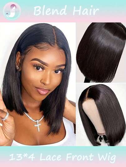 6-16 英寸自然黑色直发鲍勃假发，13x4 透明蕾丝前假发，180% 密度混合头发，适合女性 - 无胶中分款式，适合日常穿着和角色扮演派对，多功能发型|无胶假发（混合假发 - 人发和合成混合）假发人发混合/女士人发混合假发/人发混合蕾丝前假发/无胶假发/漂白结/蕾丝假发/化装派对/万圣节