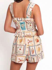 Allover Print Pattern Cute Casual Outfit Set - Pocket Decor Sleeveless Top & Shorts, Versatile Vacation Style - Multicolor - View 2
