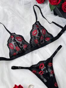 1 Set di lingerie sexy da donna in 3 pezzi con ricamo di labbra rosse in rete trasparente, body con inserti in pizzo