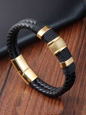 Elegante brazalete doble capa trenzado para hombre con broche de acero inoxidable dorado - pulsera trenzada negra de moda, brazalete hecho a mano