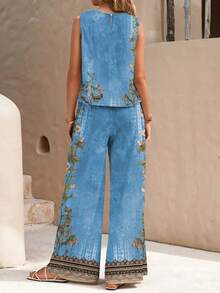 女士圆领印花弹力腰吊带背心和裤子套装 夏季 - 藍色 - 查看 2