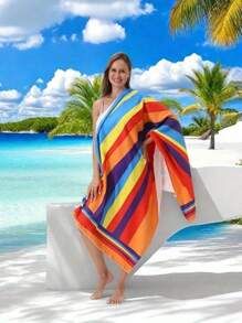1 buc. Prosop de plajă cu dungi curcubeu - Prosop extra mare 100% microfibră, cu uscare rapidă, pentru adulți, ușor și rezistent la nisip, perfect pentru călătorii, înot și camping, decor de baie pentru vacanță de vară, articole esențiale pentru plajă
