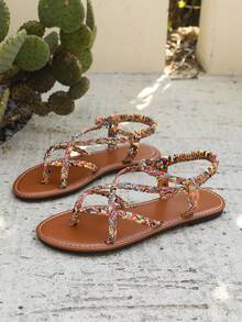 planare 女士时尚休闲度假风格圆头一脚蹬舒适夏季棕色室内凉鞋，平底沙滩凉鞋