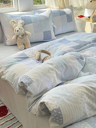 1 Set 4-Piece Striped & Ditsy Floral Comforter Set, Soft & Breathable Double Layer Knit Fabric Bedding Set, Suitable For Bedroom All Season (1 Comforter, 1 Bed Sheet, 2 Pillow Cases), No Filler. Pillow Case Print Design Is Random Cut