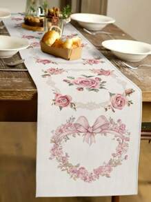 1pc Pink Heart Rose Floral Print Table Runner, Kitchen, Dining Room Decor, Holiday Decor, Home Gathering, Home Decor, Wedding Setting, Outdoor Dining, Coffee Table Decoration