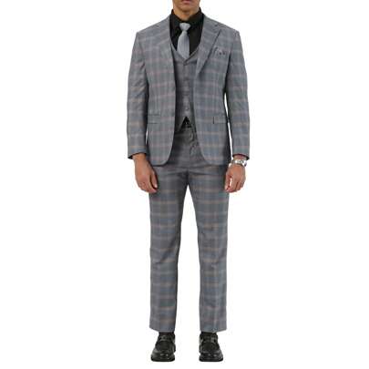Mens 3pc Suit Hybrid Fit Glen Plaid Jacket With Matching Double Breasted Vest  Pants For Weddings,Graduations, Prom, Etc