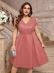Vestito da cocktail elegante, a scollo a V, con contrasto di paillettes, decorazione floreale in pizzo, a ruota, adatto per feste di promo, feste di laurea, compleanni, e cerimonie