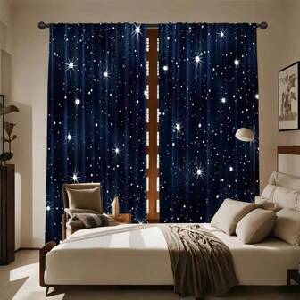 2 stuks Galaxy verduisteringsgordijnen - 100% polyester, warmte-isolerend en verduisterend, minimalistisch sterrennachtontwerp, geschikt voor woonkamer- en kantoordecoratie, blauw met witte sterren, woonkamergordijnen, kamerdecoratie, woondecoratie