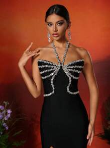 Elisanya Love Aing Women's Luxury Evening Gown, Halter Neck Heavily Embellished Backless Sexy High Slit Formal Party Elegant Dress