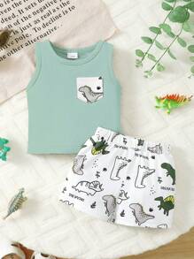 BrownBark 2 piezas Conjunto de chaleco y pantalones cortos con estampado de dinosaurio lindo para bebé/niño pequeño, conjunto informal de verano, perfecto para uso diario y actividades al aire libre