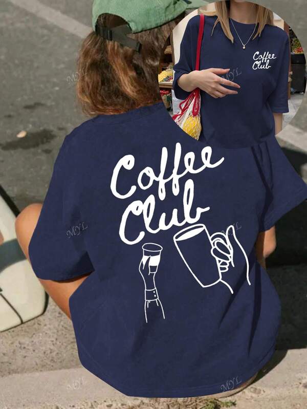 Coffee Club Print Summer Women's Oversize Short Sleeve Top, Casual Women's Wear, Summer T-Shirt, Summer Tops, Graphic T-Shirt