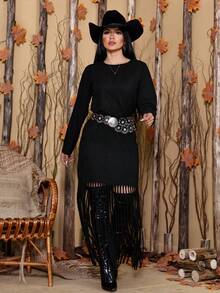 Women's Dress With Fringe Country Long Sleeve Rodeo - Black - View 2