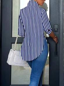 Women's Solid Color Front Button Asymmetric Hem Slit Casual Long Sleeve Blouse Spring - Blue and White Stripes - View 2