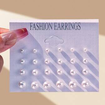 12pcs Set Classic Mini Elegant Fresh Pearl Bead Stud Earrings, Suitable For Daily Wear