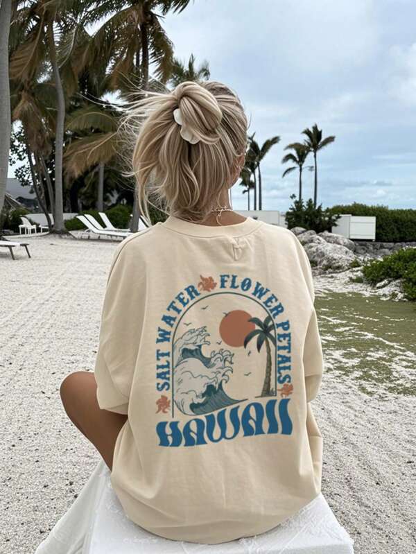 Ladies' Summer Slogan Palm Tree Printed Round Neck Shoulder Sleeves Loose Casual T-Shirt Graphic Tees Women White Top Black Top Pink Top Vacation Outfits Women