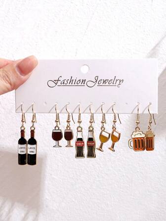 Set de 5 pares de pendientes de mujer, con colgantes divertidos de botella de vino, copa de champán, vaso de refresco, vaso de cerveza, versátiles para uso diario, un set creativo y personalizado de pendientes de gota de aceite