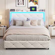 Cama tapizada de 140 x 200 cm/160 x 200 cm, con función de carga y ambiente de mesita de noche, con almacenamiento de palanca de aire, con cabecero, cabecero con diseño de tirador de cristal, blanco, muebles, estructura de cama con cabecero, muebles de dormitorio, sin colchón