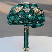 1 件时尚新娘婚礼奢华金色水钻花束，配祖母绿缎带、玫瑰、人造永生花球，适用于婚礼、情人节求婚、教堂玫瑰插花 W319I - 手捧花 - 查看 9