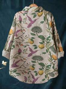 Camisa informal de verano de talla grande con estampado floral y bajo asimétrico similar al lino para viajes