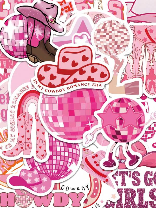 50pcs/Pack Disco Cowgirl Stickers Pink Fashion Cowgirl Stickers, Vinyl Decals & Stickers For Laptop Car Motorcycle Water Bottle Stickers For Girls, Party Supplies Stickers As Gifts