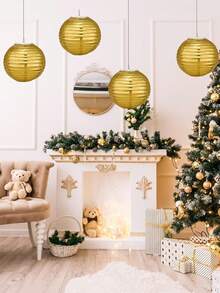 Set de 5 farolillos de papel, fáciles de colgar, tamaños 6", 8", 10" redondos, farolillos de papel chinos para duchas nupciales, aniversarios y celebraciones, decoración interior/exterior - Dorado - Ver 4