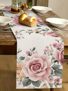 1pc Pink Heart Rose Floral Print Table Runner, Kitchen, Dining Room Decor, Holiday Decor, Home Gathering, Home Decor, Wedding Setting, Outdoor Dining, Coffee Table Decoration