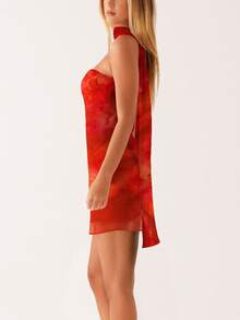Women Floral Tube Strapless Mini Dress Y2k Cute With Scarf Short Dresses Bodycon Backless Beach Formal Sundress - 紅色 - 查看 3