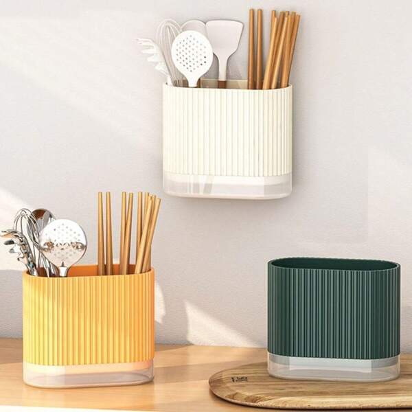 1 pieza Organizador multifuncional para utensilios, montaje en pared o de pie para almacenamiento de cubertería, accesorio de cocina de plástico ligero