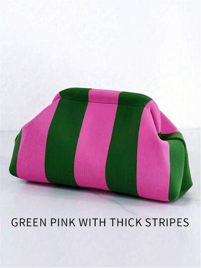 حقيبة يد للسيدات بطراز مخطط، حقيبة السحابة المحبوكة، حقيبة شاطئ مخططة، حقيبة مستحضرات تجميل عادية، مناسبة للسفر اليومي والإجازات نهاية الأسبوع، تُستخدم لتخزين مستحضرات التجميل