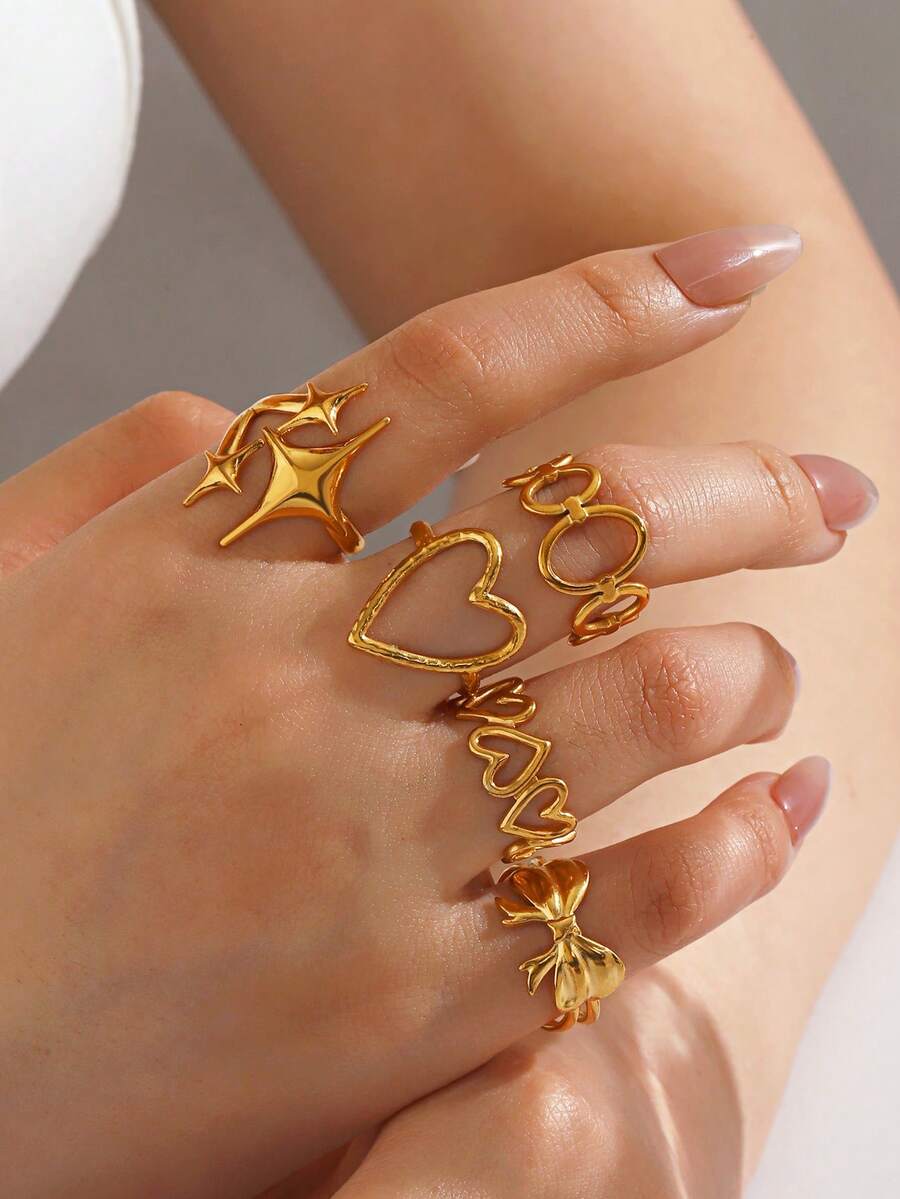 5 Pcs/Set Stainless Steel Fashion Star & Heart Shaped Rings, Suitable For Women Daily Wear