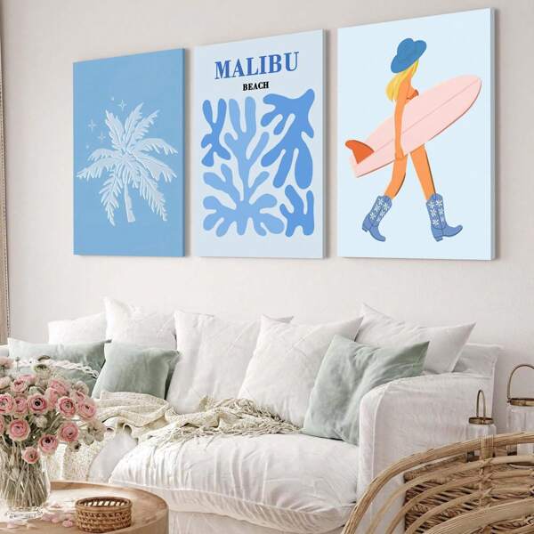 Juego de 3 decoraciones de pared de arte de playa en azul, carteles con estampados de de vacaciones, decoración de lienzo con estilo preppy playero para dormitorio, sala de estar, dormitorio - Enmarcado