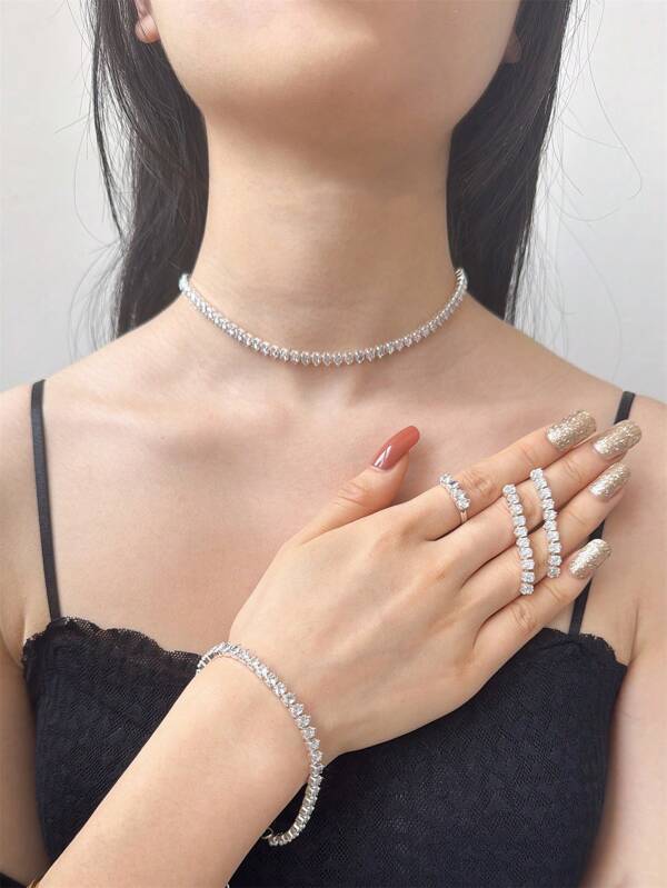 4pcs Elegant Crystal Bridal Jewelry Set - Necklace, Bracelet, Earrings & Ring