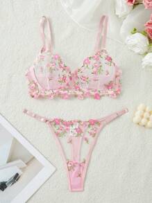 2 Stücke/Set Sexy Damen Dessous Set, rosa Spitzen-bestickter BH und Höschen mit Mesh, romantische & intime Nachtwäsche, Sommer