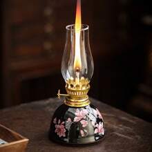1pc Ceramic Enamel Floral Household Oil Lamp, Includes Lampshade, Adjustable Wick, For Indoor Use - Fuel Not Included, Suitable For Christmas, Easter, Festival, Valentine's Day, Gifts