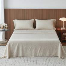 4 Pcs 100% Washed Linen Sheet Set-Natural French Flax Bed Sheet- Breathable,Ultra Soft,Farmhouse Bedding (1 Flat Sheet, 1 Fitted Sheet, 2 Pillowcases) With Lace Hemstitch