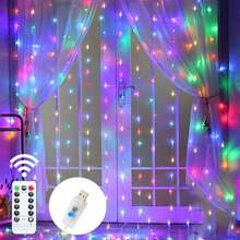 3 Meters X 3 Meters 300 LED Window Curtain String Lights, USB Powered 8 Modes Remote Control Fairy Lights For Wedding Party Home Garden Bedroom Outdoor Indoor Wall Window Decor, Halloween, Christmas, Warm White/White/Multicolor/Pink/Purple/Blue/Warm Multicolor/17 Colors