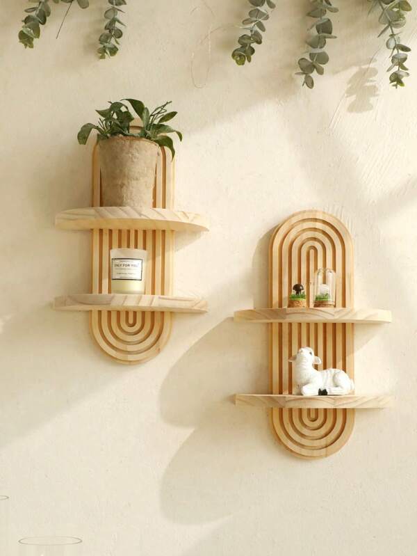 1pc Bohemian Style Decorative Wooden Shelf, Wall Mounted Storage Rack For Living Room, Bedroom, Bathroom, Suitable For Display & Plants Decor