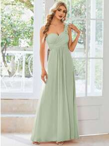 Robe de demoiselle d'honneur verte sauge élégante avec fleur à l'épaule et corsage froncé, robe de soirée pour invité de mariage
