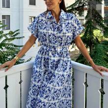 Women Elegant Floral Print Shirt Collar Button Belt Dress