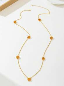 1 pieza Colgante elegante de trébol de cinco hojas con gota de aceite naranja y suerte, collar largo para mujer - Naranja - Ver 4