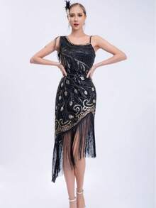 فستان نمط الخمسينيات المرصع بالترتر فستان براق ذو أهداب طراز أوروبي وأمريكي فستان سهرة متوسط وطويل