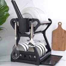 1pc Kitchen Organizer Rack, Kitchen Utensils & Cookware Storage Shelf, Countertop Dish Drying Rack, Multi-Tier Storage Cabinet - Black - View 5