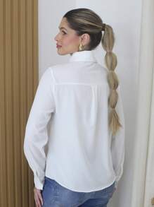 Camisa feminina colarinho manga longa tecido leve liso - Maxma 2019  Simples  Casual  elegante  Poliéster  Botão