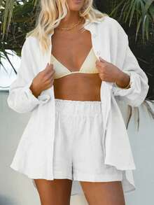 女士夏季休闲度假宽松舒适通勤单排扣多扣衬衫和阔腿短裤套装