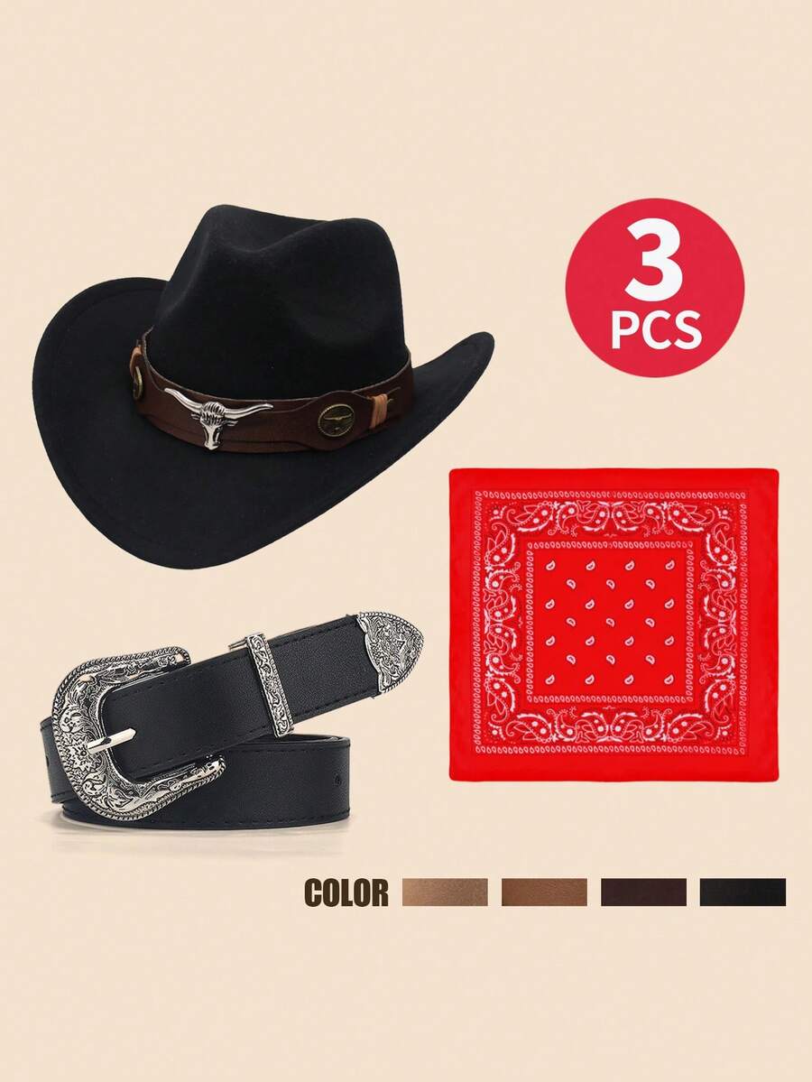 Set Kostum Koboi Barat Anak-Anak 3 Potong, Termasuk Topi Koboi, Sabuk, dan Bandana Motif Paisley, Cocok untuk Halloween - Set topi koboi - View 1